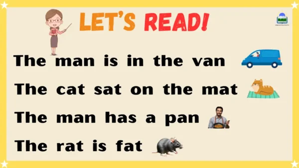 A learning worksheet with simple rhyming sentences and fun illustrations to help with reading practice.