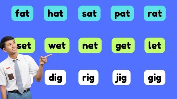 A phonics word family chart displaying words with similar endings, such as '-at' words: hat, rat, sat.