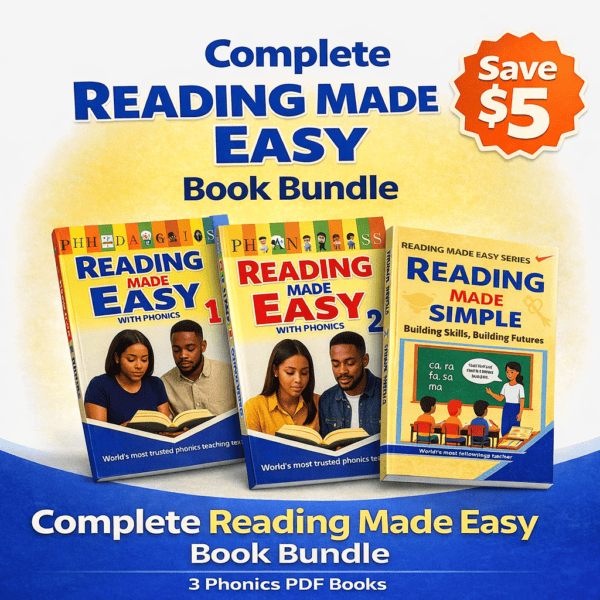 Complete Reading Made Easy Book Bundle showing three phonics PDF books—Reading Made Easy with Phonics Book 1, Book 2, and Reading Made Simple—with a Save $5 badge for adults and teenagers learning to read.