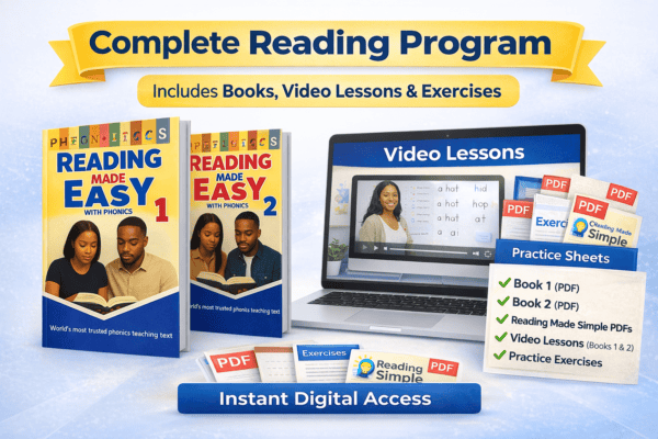 Reading Made Easy Complete Reading Program showing Book 1 and Book 2 PDFs, video lessons, practice exercises, and Reading Made Simple worksheets for beginner readers.