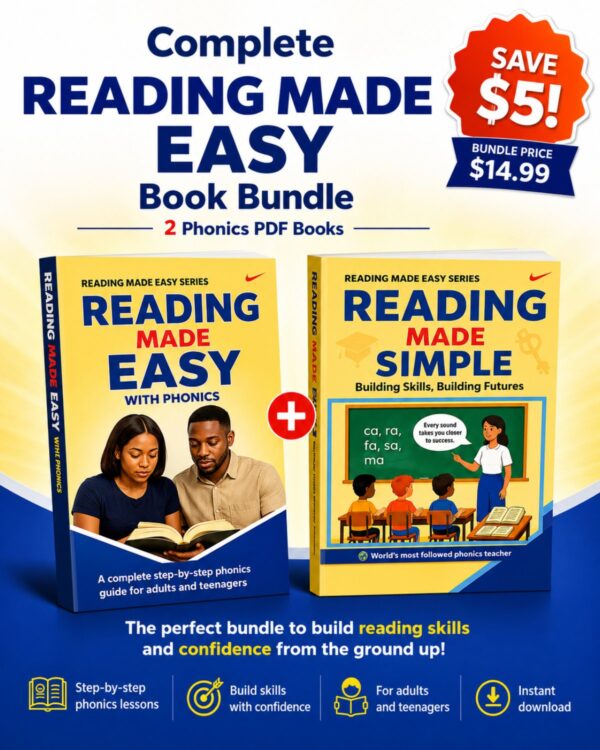 Reading Made Easy Complete Book Bundle featuring Reading Made Easy with Phonics and Reading Made Simple phonics PDF books for adults and teenagers