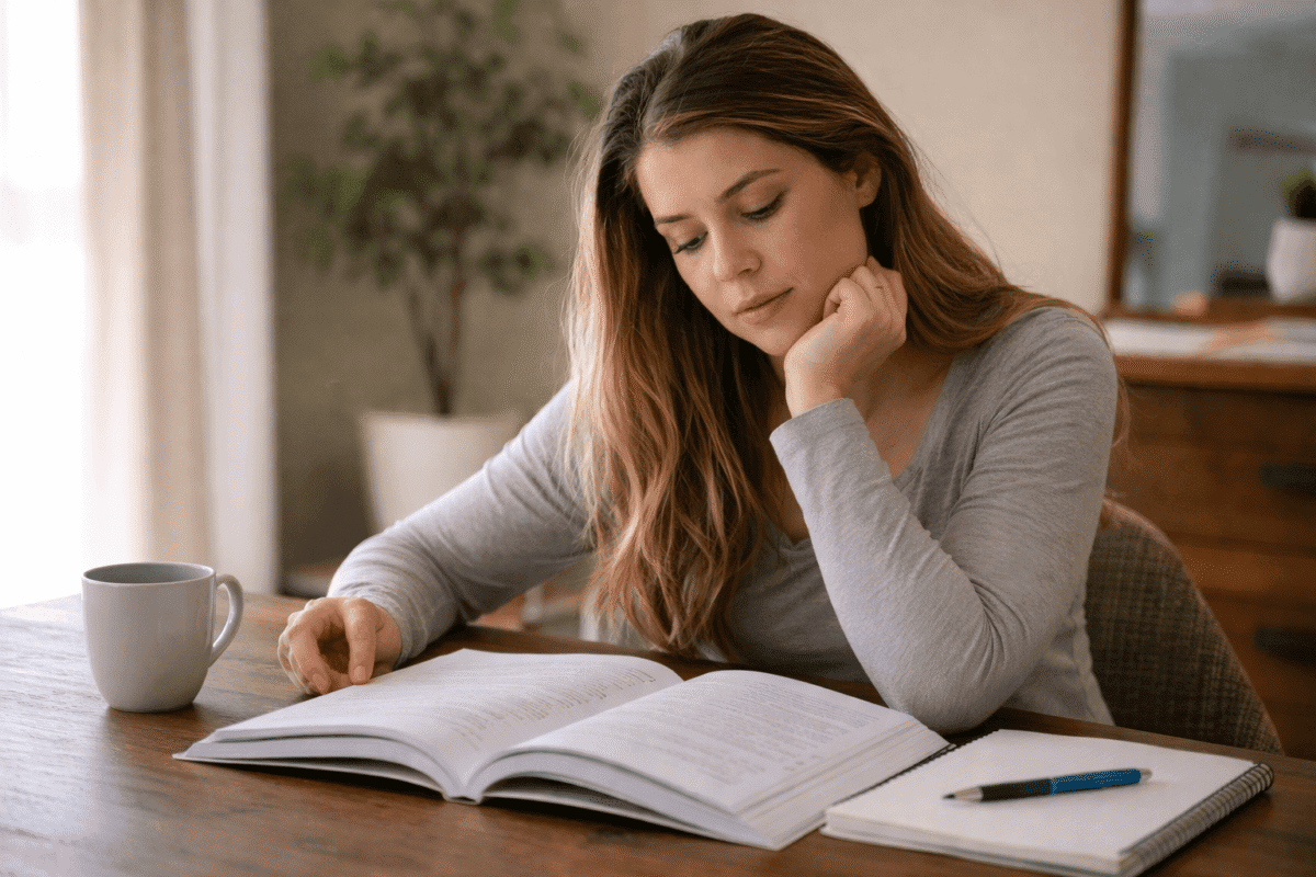 adult woman reading carefully at a table with a workbook and notes