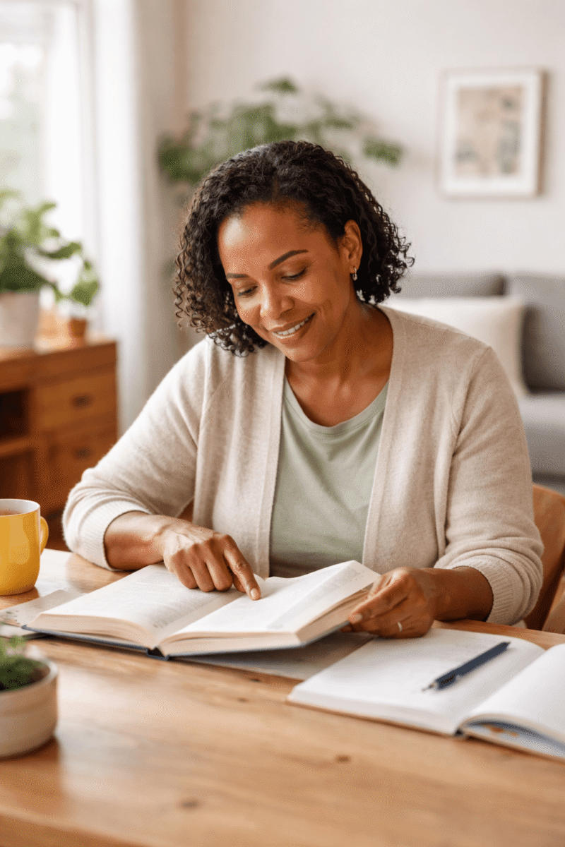 adult practicing reading at home step by step in a calm environment