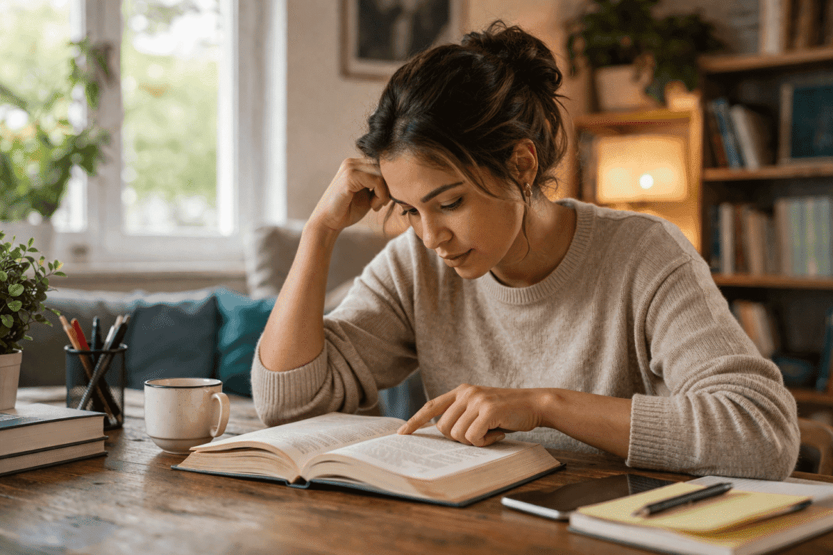 adult reading slowly with focus at home improving reading skills