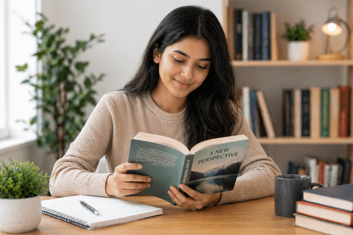 teen or adult reading confidently at home improving reading skills