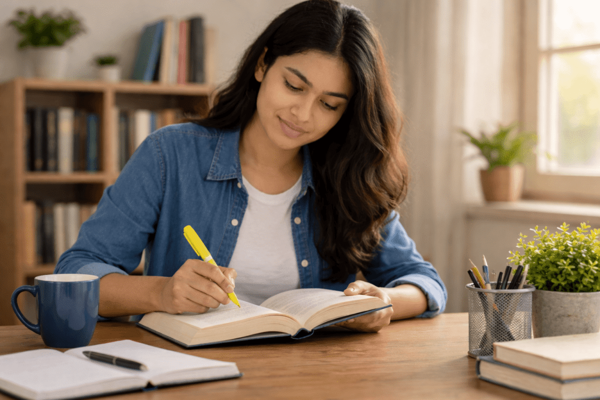 adult practicing daily reading habits at home to improve reading skills