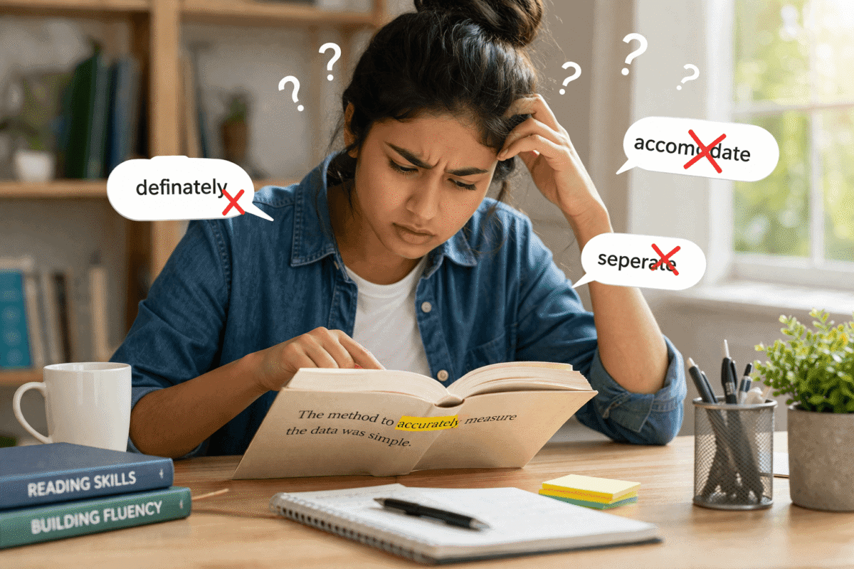 learner struggling with guessing words while reading a book at home
