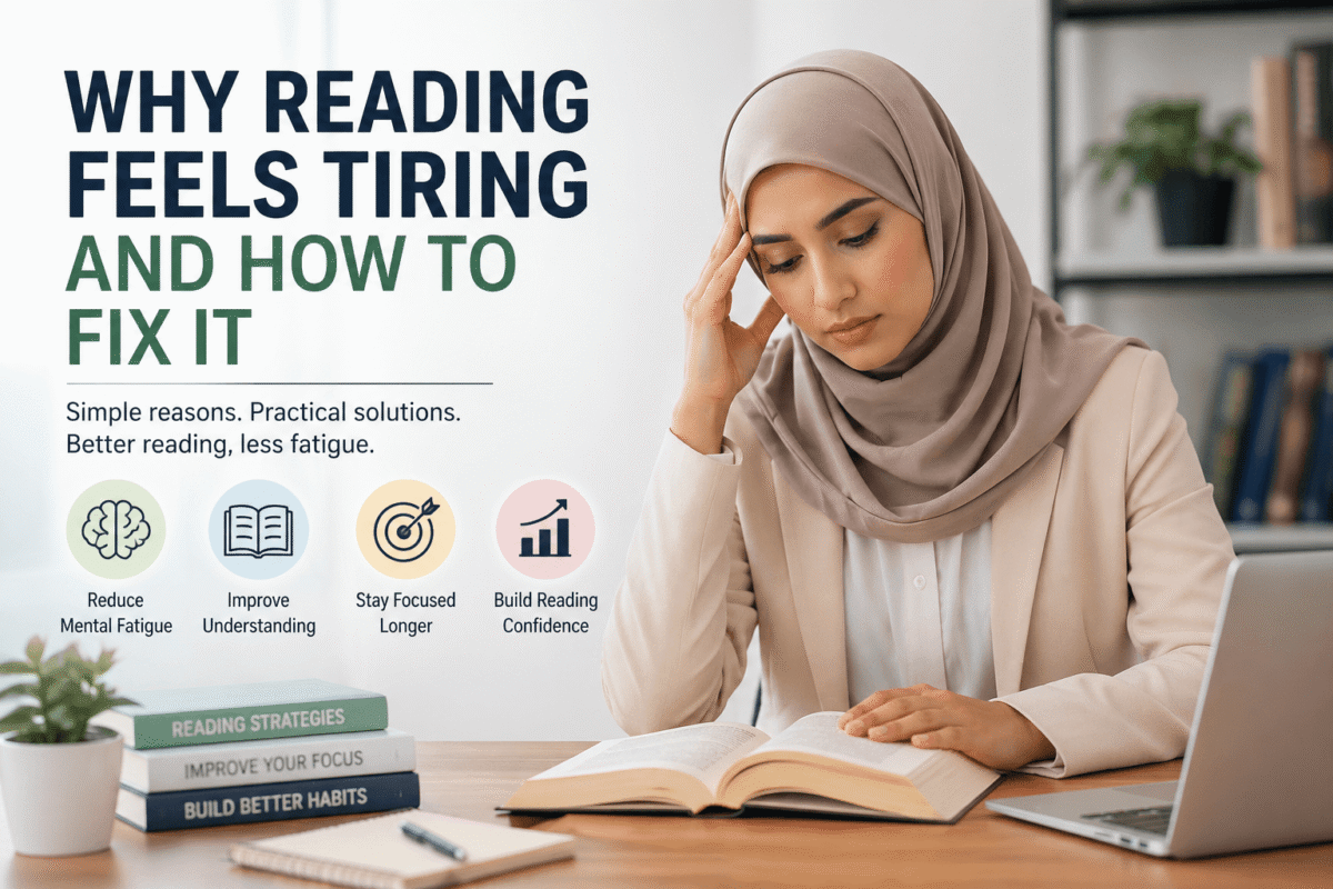 person feeling tired while reading and trying to improve reading skills