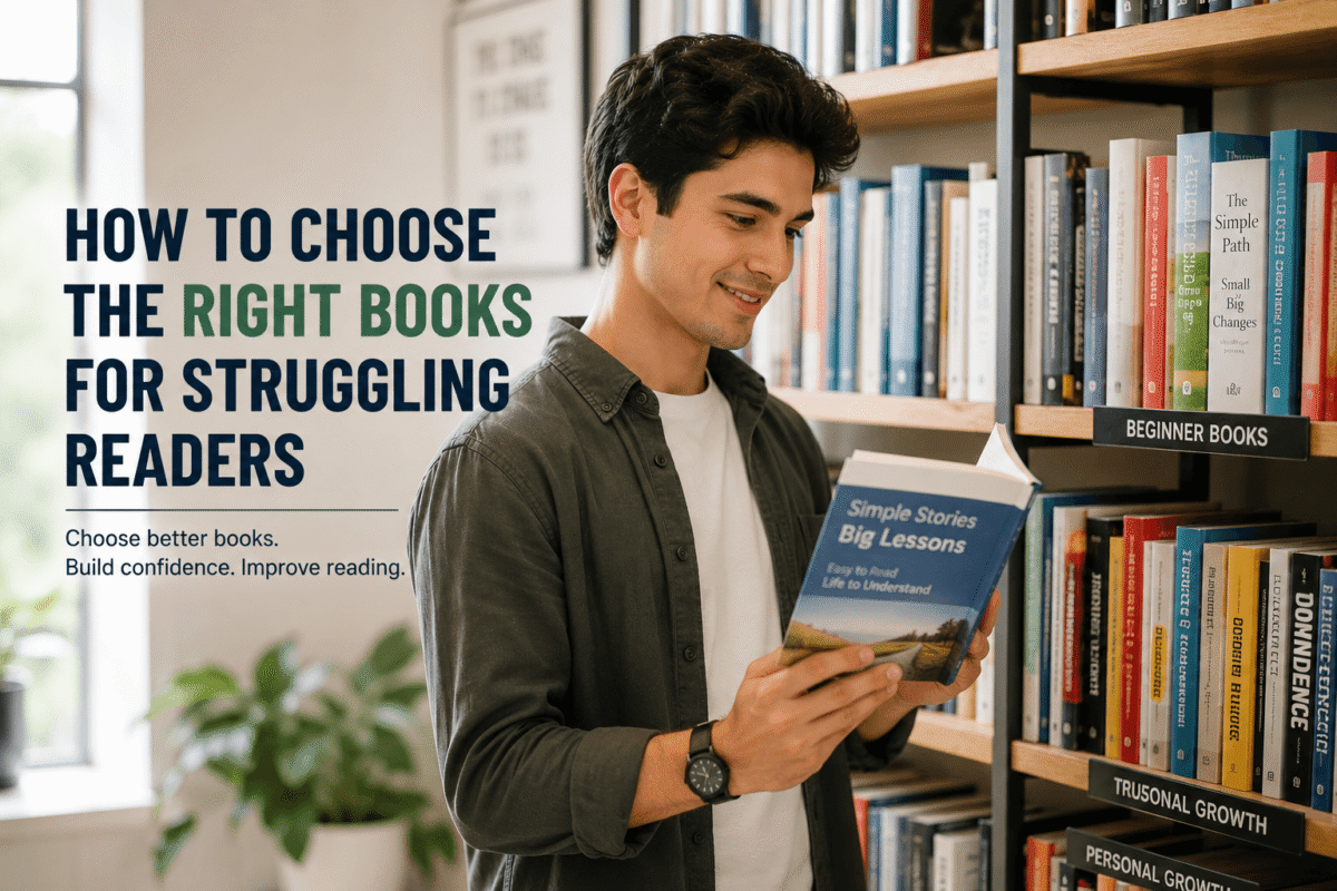 adult choosing suitable books to improve reading skills confidently