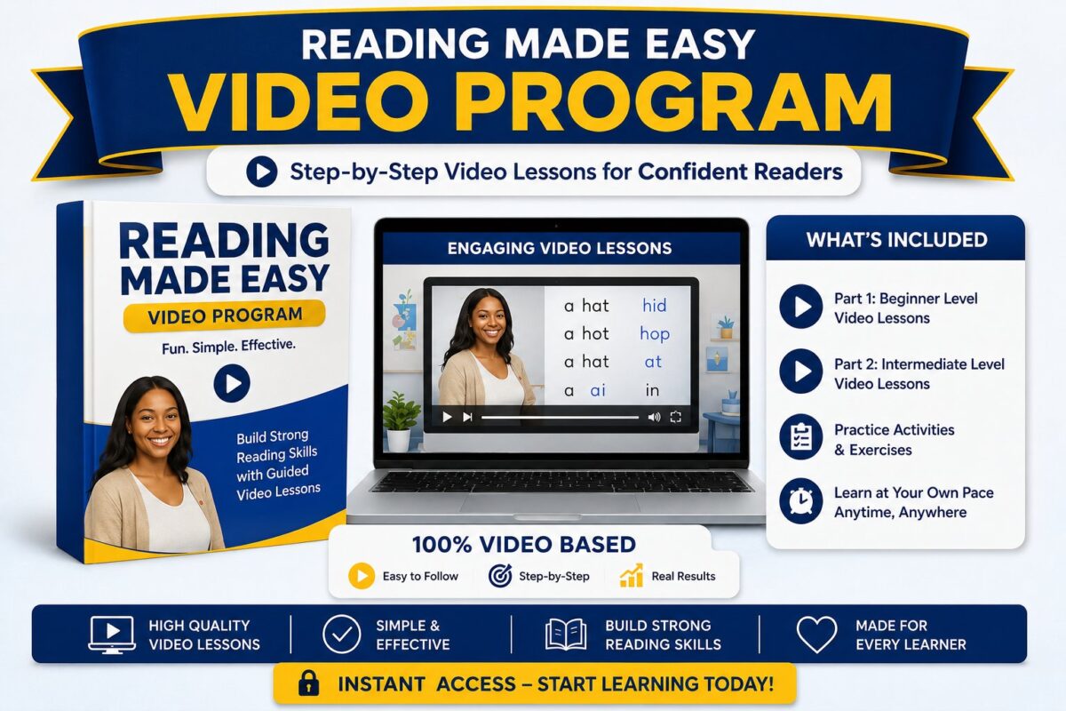 Reading Made Easy Video Program for adults and teenagers featuring beginner and intermediate phonics video lessons.