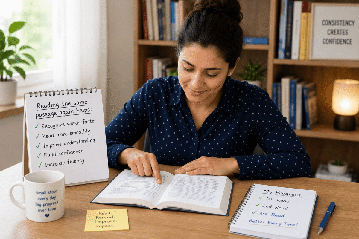 adult improving reading fluency by rereading a passage
