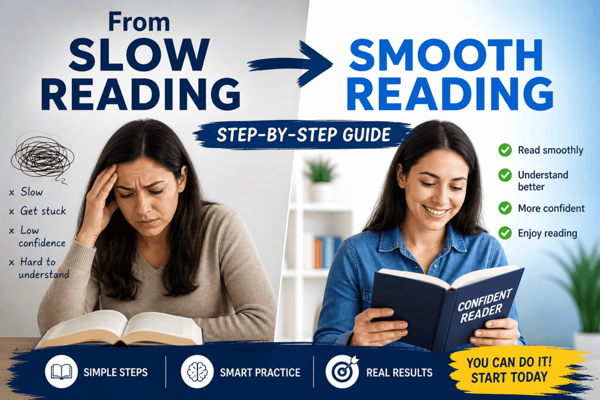 Adult learner improving from slow reading to smooth reading confidently