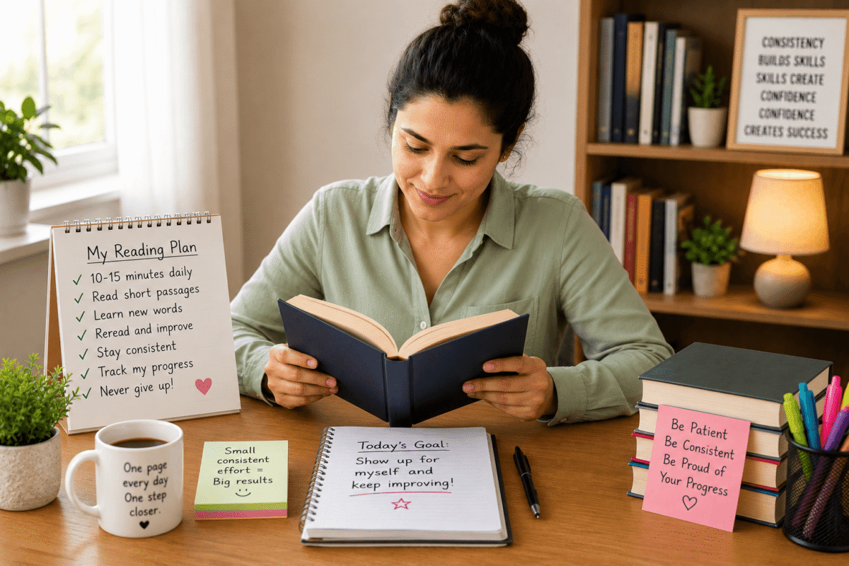 adult learner building consistent reading habits at home