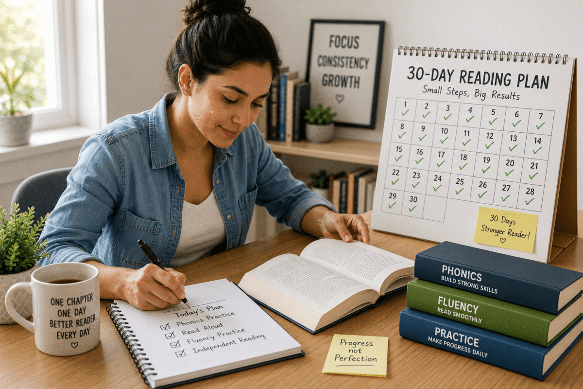 Adult learner following a daily reading plan to improve reading skills