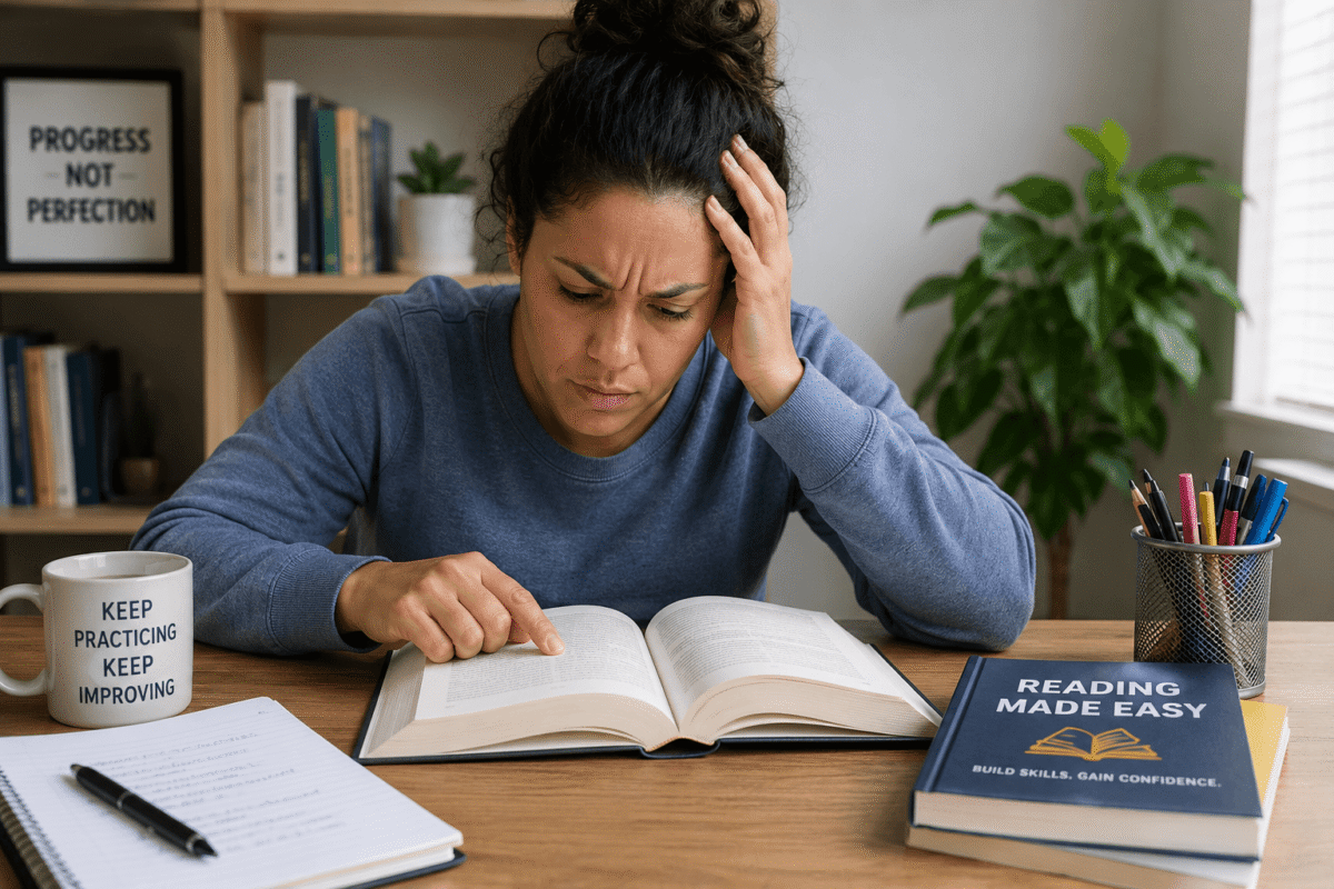 Adult learner making a common reading practice mistake while studying alone