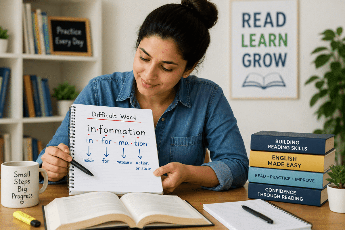 Adult learner breaking down difficult words while reading