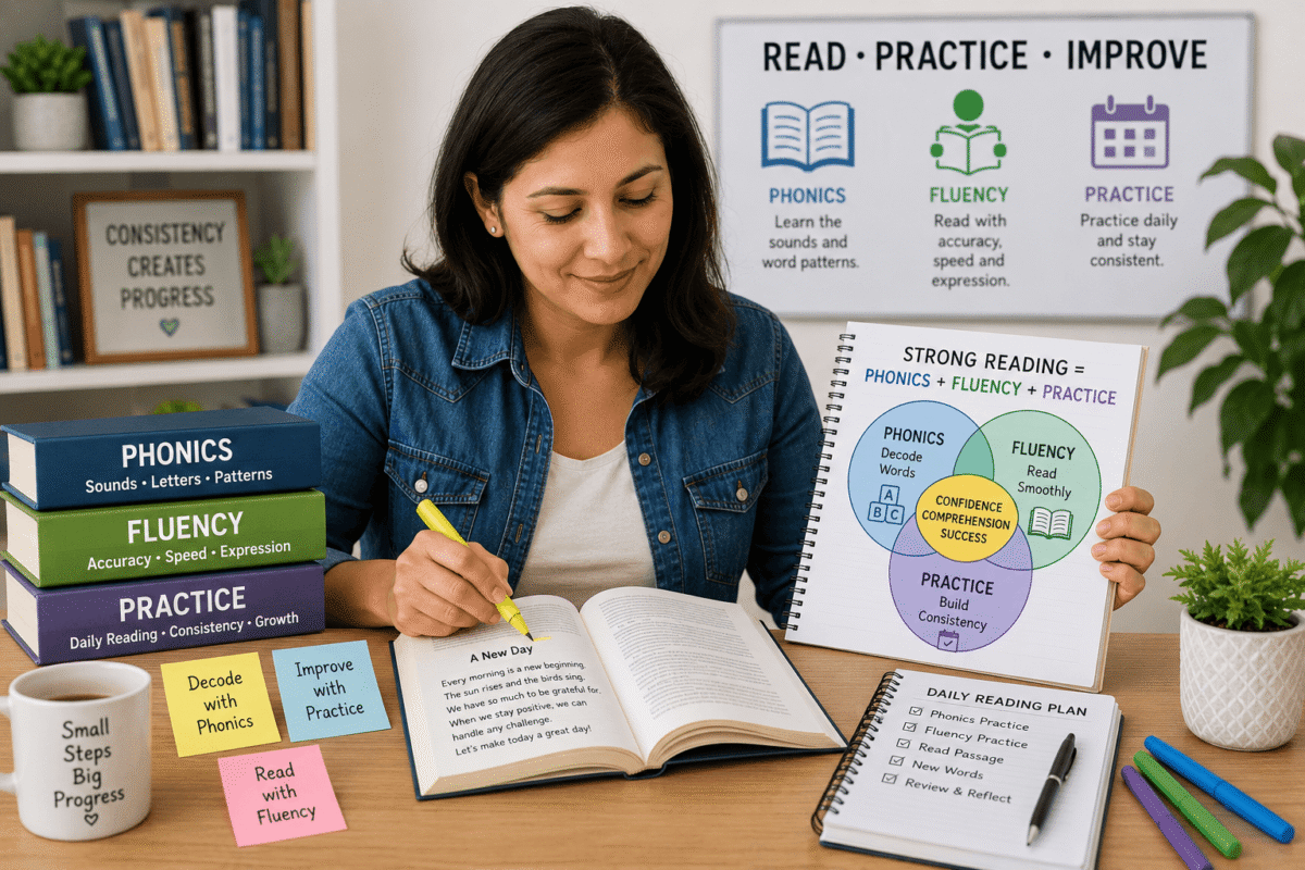 Adult learner combining phonics fluency and reading practice
