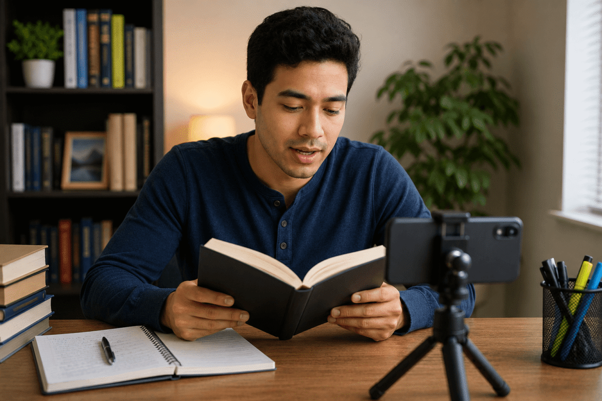 Adult learner recording themselves while reading aloud to improve fluency