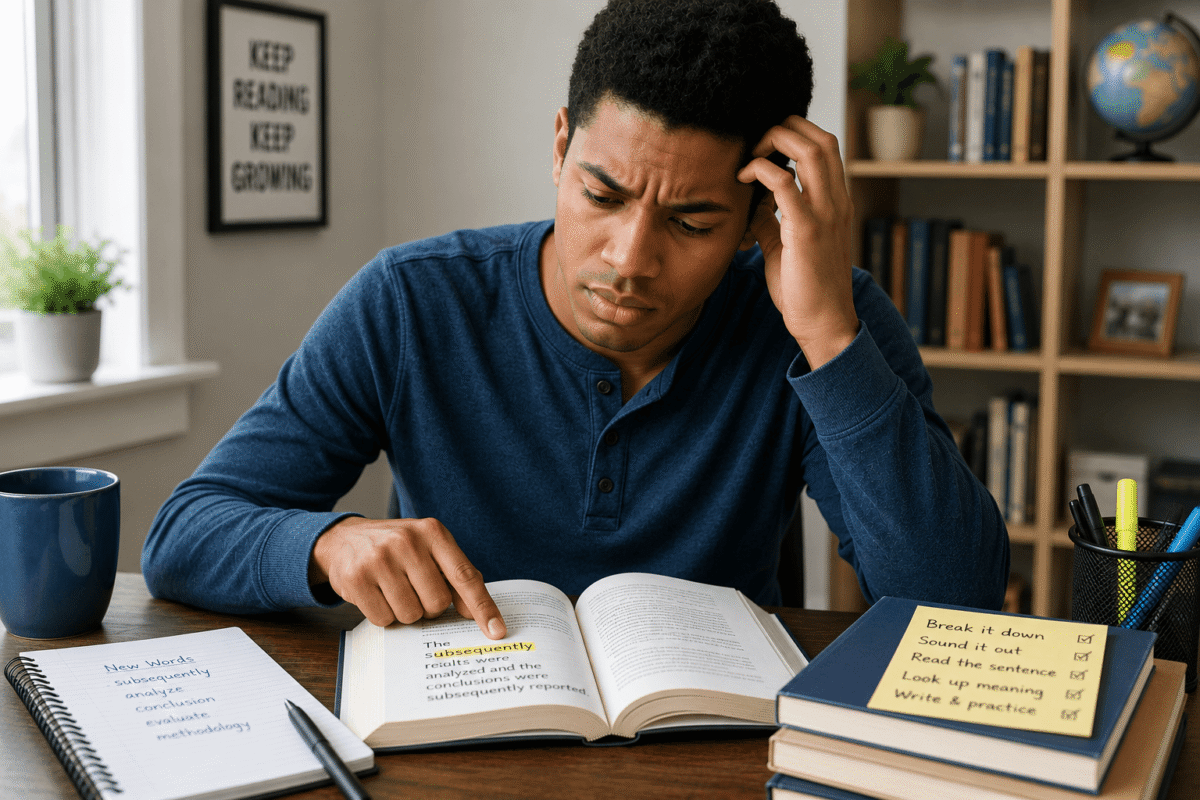 Adult learner trying to read an unfamiliar word in a book